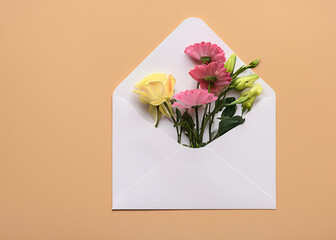 abstract empty envelope with blank letter and flowers inside, design or concept for invitation created with generative ai technology
