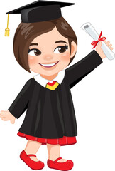 Girl holding diploma in academic gown for graduation day, Happy girl cartoon character for graduation day card template