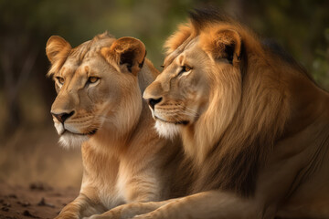 Fototapeta premium Majestic African lion couple loving pride, generative AI