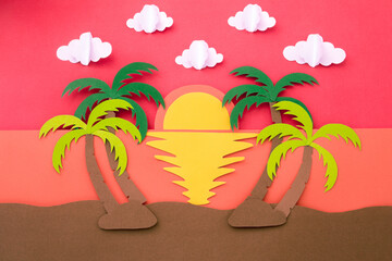 Landscape sea with red sky and coconut tree made of paper cut. travel concept paper art background. Holiday summer.