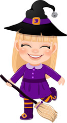 Obraz premium Little witch holding the broom, Halloween party cartoon character