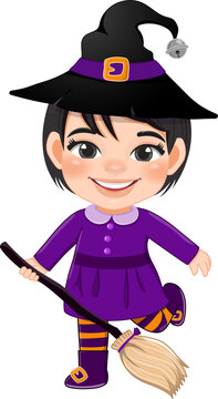 Little witch holding the broom, Halloween party cartoon character