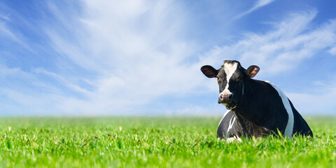 Cow on the lawn. Spotted cow grazing on beautiful green meadow. holstein cow, resting in a meadow....
