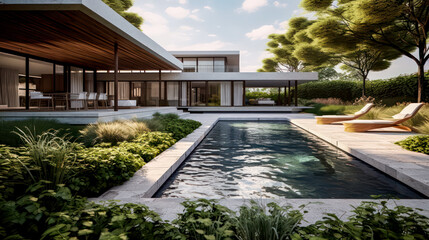 Architectural Masterpiece: Unveiling the Timeless Elegance and Tranquil Aesthetics of a 3D Rendered Home and Pool Villa, Blending Harmoniously the Boundaries Between Indoor and Outdoor Spaces
