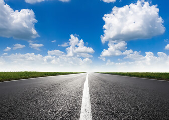 abstract empty road in summer, blue sky, white clouds, highway or speedway in rural countryside created with generative ai technology