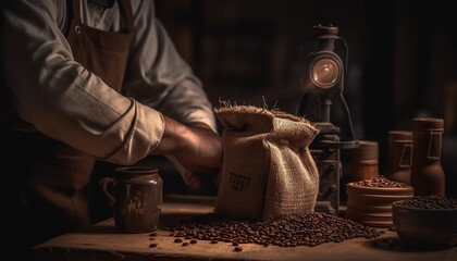 Craftsperson holding fresh coffee bean sack, making hot drink indoors generated by AI