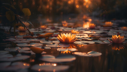 Yellow lotus water lily floats on tranquil pond at dusk generated by AI
