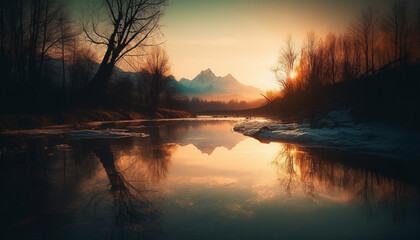 Tranquil scene of mountain reflection in water at dusk generated by AI