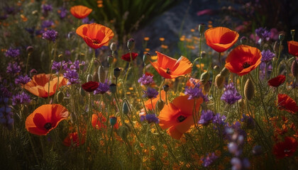 Vibrant wildflowers bloom in idyllic meadow under summer sunlight generated by AI