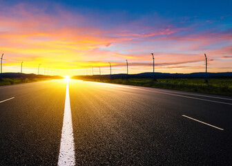 Fototapeta premium abstract empty asphalt road at night sunset or sunrise with lights created with generative ai technology