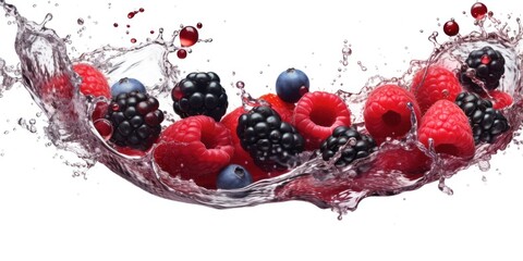 Raspberry blackberry and blueberry in water splash stream. AI generation 