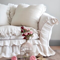 Charming white sofa with ruffles in shabby chic style. AI generative