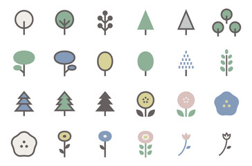 北欧風の木と花のベクターアイコンイラストセット