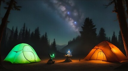 two tents illuminated from the inside at night