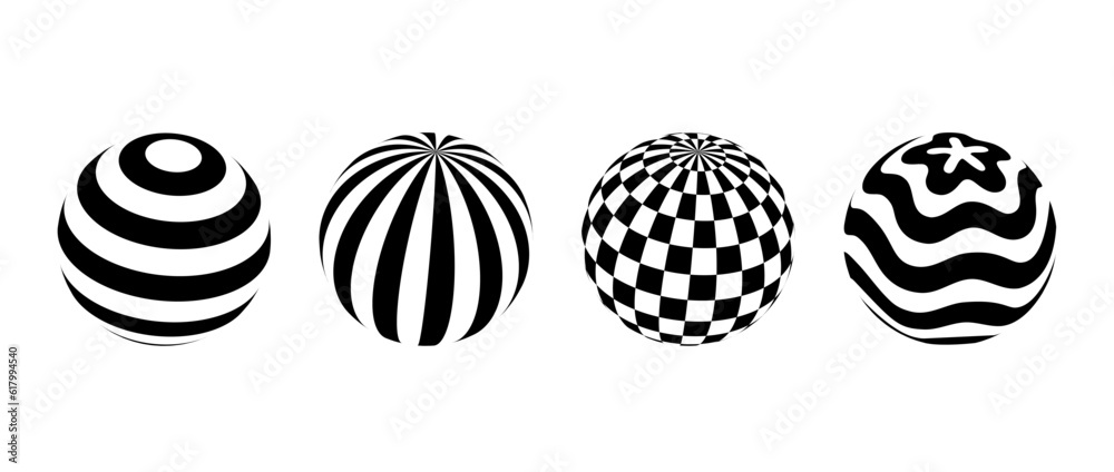 Poster Collection of spheres with different patterns. Striped, checkered and waved 3d balls set. Black and white geometric elements for design templates, icons, logo. Abstract vector globes pack. 
