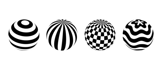 Collection of spheres with different patterns. Striped, checkered and waved 3d balls set. Black and white geometric elements for design templates, icons, logo. Abstract vector globes pack. 