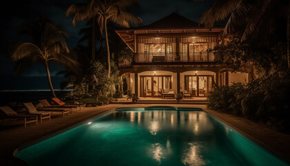 Luxury hotel with infinity pool, illuminated by sunset blue light generated by AI