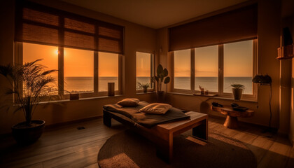 Comfortable luxury in modern hotel room with tropical sunset view generated by AI