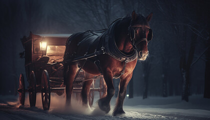 Stallion gallops through tranquil winter landscape, illuminated by sunset generated by AI