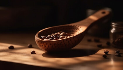 Organic coffee bean heap on wooden spoon, rustic still life generated by AI