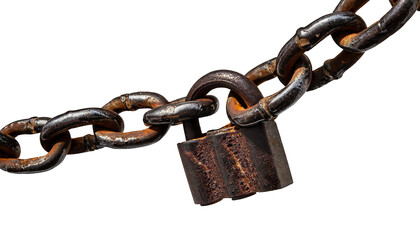An old rusty padlock closed on a massive chain on transparent background