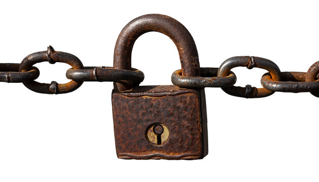 An old rusty padlock closed on a massive chain on transparent background