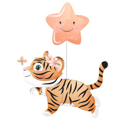 Fototapeta na wymiar Cute tiger flying with star balloon watercolor illustration