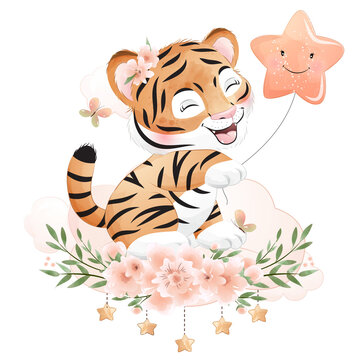Cute tiger sitting on cloud with star balloon flower watercolor illustration