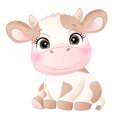 Cute cow poses watercolor illustration