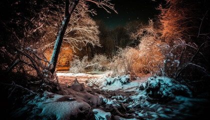 Tranquil scene of a winter forest with snow covered trees generated by AI