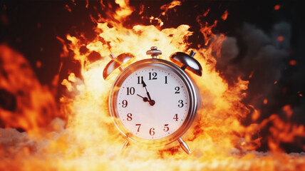 爆発し燃え上がる時計　clock exploded on fire. Created by generative AI - obrazy, fototapety, plakaty