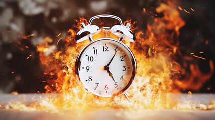 Fototapeta na wymiar 爆発し燃え上がる時計　clock exploded on fire. Created by generative AI