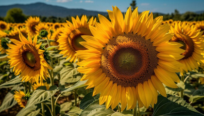 Vibrant sunflower meadow, organic beauty in nature, idyllic rural scene generated by AI