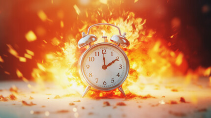 爆発し燃え上がる時計　clock exploded on fire. Created by generative AI - obrazy, fototapety, plakaty