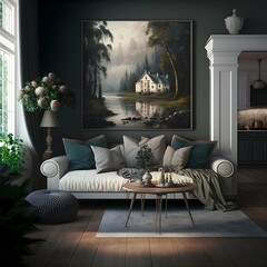living room with small painting on the wall ilustration beautiful masterpiece 