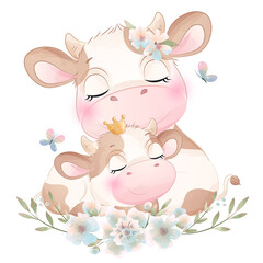 Obraz na płótnie Canvas Cute cow and baby cow with flower watercolor illustration