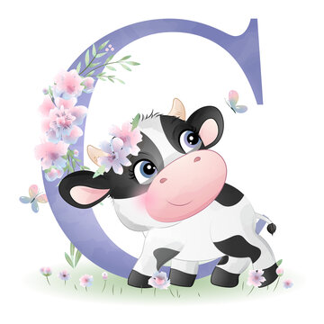 Cute cow with alphabet C watercolor illustration