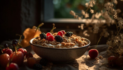 Organic berry fruit bowl with granola and yogurt on rustic table generated by AI