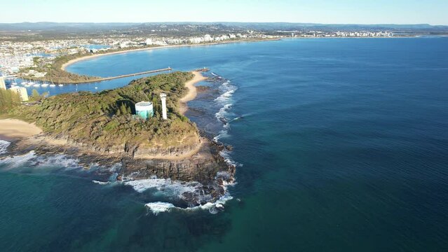 Aerial View Of Point Cartwright Beach, Headland And Lighthouse In Queensland, Australia.