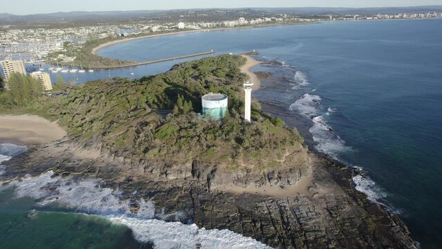 Aerial View Of Point Cartwright Lighthouse In Mooloolaba, Queensland, Australia. - pullback