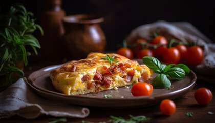 Freshly cooked gourmet meal on rustic wood table with healthy ingredients generated by AI