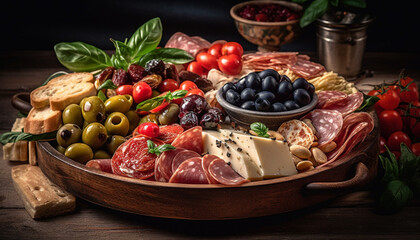 Rustic plate of Italian delicatessen salami, prosciutto, ciabatta, tomato, olive generated by AI