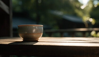 Rustic clay pottery bowl holds fresh hot coffee outdoors generated by AI