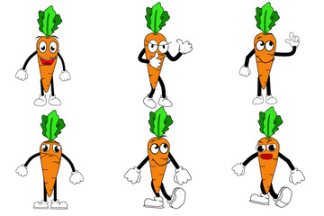 Funny retro carrot cartoon characters in playful and cute poses. Perfect for kids sticker packs, emoji sets, vegetable themes, and healthy food designs.