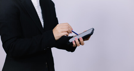 Businessman using digital smart phone with modern mobile phone. New technologies for success workflow concept.