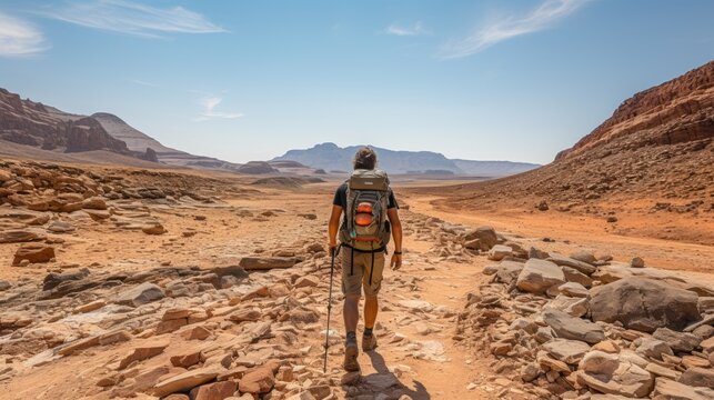a man is walking in the desert