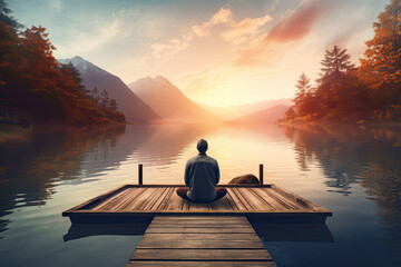 Naklejka na ściany i meble Back view of a man sitting in yoga pose on the dock on the lake, Generative AI