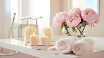 spa still life with pink rose petals with candle created with Generative AI