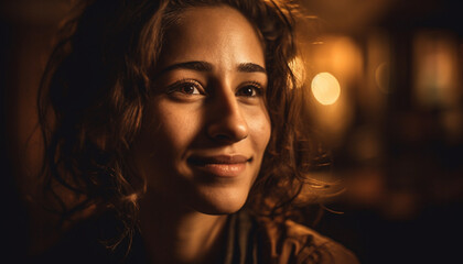 Beautiful young woman exudes confidence and joy in headshot portrait generated by AI