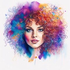 Colorful portrait of a woman with curly hair, watercolor art.